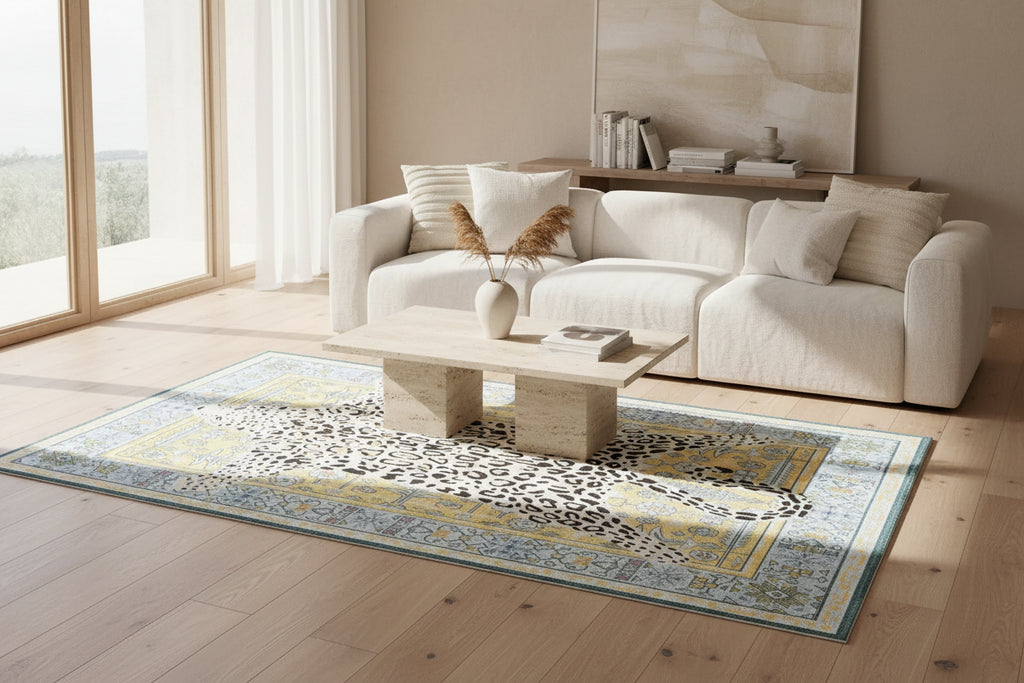 A rectangular area rug with a central leopard print motif over a yellow and blue ornate patterned background, photographed from above on a light neutral floor.