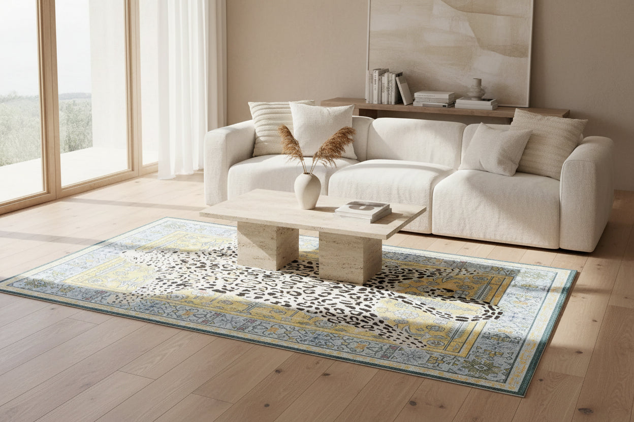A rectangular area rug with a central leopard print motif over a yellow and blue ornate patterned background, photographed from above on a light neutral floor.