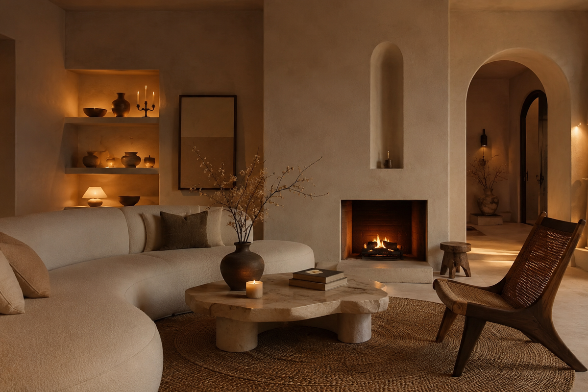 A warm, modern living room with a curved cream sofa, a rustic stone coffee table, a dark wood chair, and a fireplace built into a textured plaster wall.