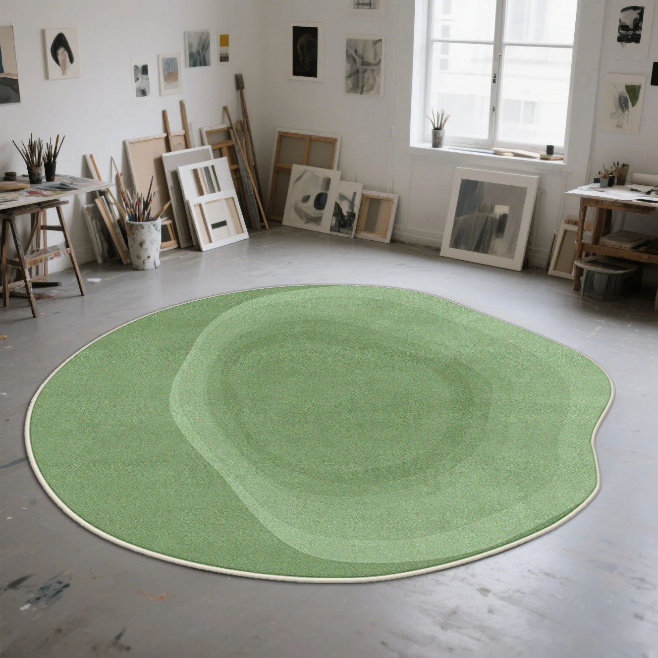 A large organic-shaped green rug with concentric wavy patterns and a white border, displayed on a gray concrete floor in a bright, modern art studio.