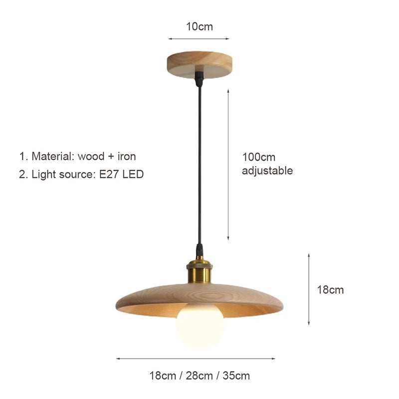 Wooden pendant light with dimensions and material details on a white background