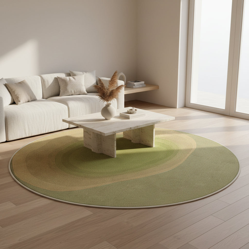 An organic-shaped area rug with concentric organic shapes in shades of sage green and sandy beige, displayed on a gray concrete floor in a bright, modern art studio.