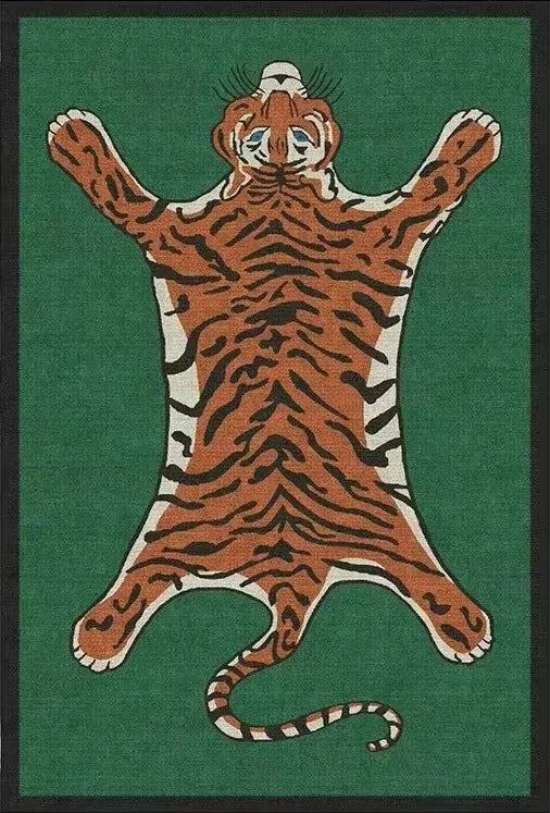 Tiger skin rug on a green background