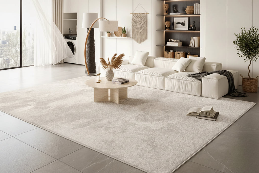 A large rectangular area rug in a light warm gray and beige heathered pattern, shown in a modern, bright living room with a cream sofa, black chair, and gray tiled floor.