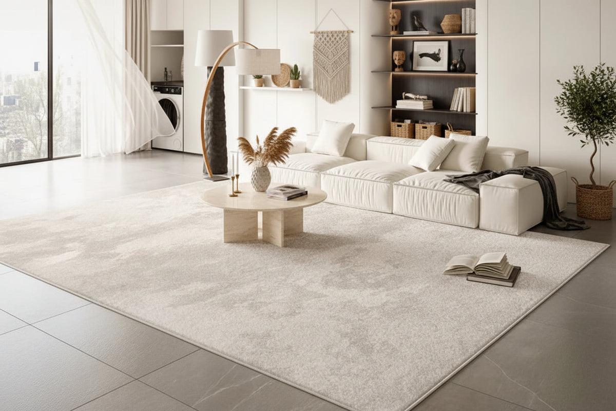 A large rectangular area rug in a light warm gray and beige heathered pattern, shown in a modern, bright living room with a cream sofa, black chair, and gray tiled floor.