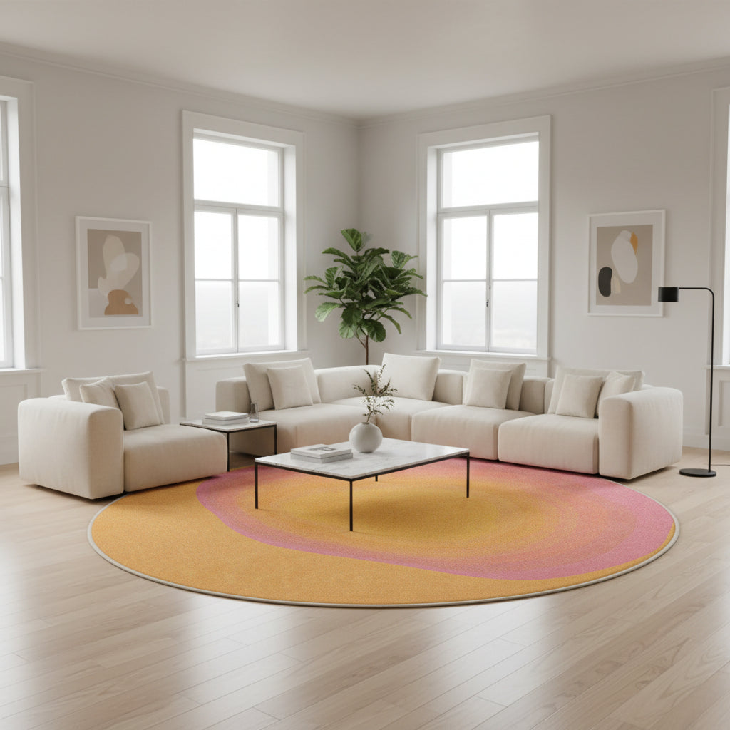 Tapis rond dégradé orange rose salon moderne