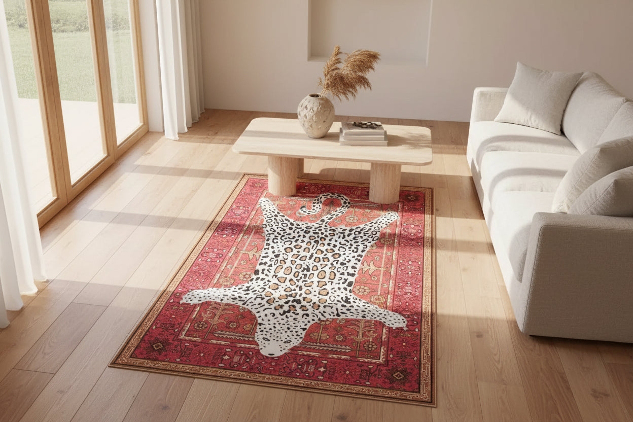 A rectangular area rug with a central white leopard print motif over a red and beige ornamental patterned background, shown laid out on a light floor.