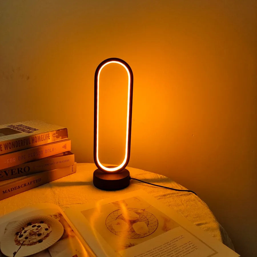 LED Oval Ring Bedside Lamp | Minimalist Warm Glow | Wood Base