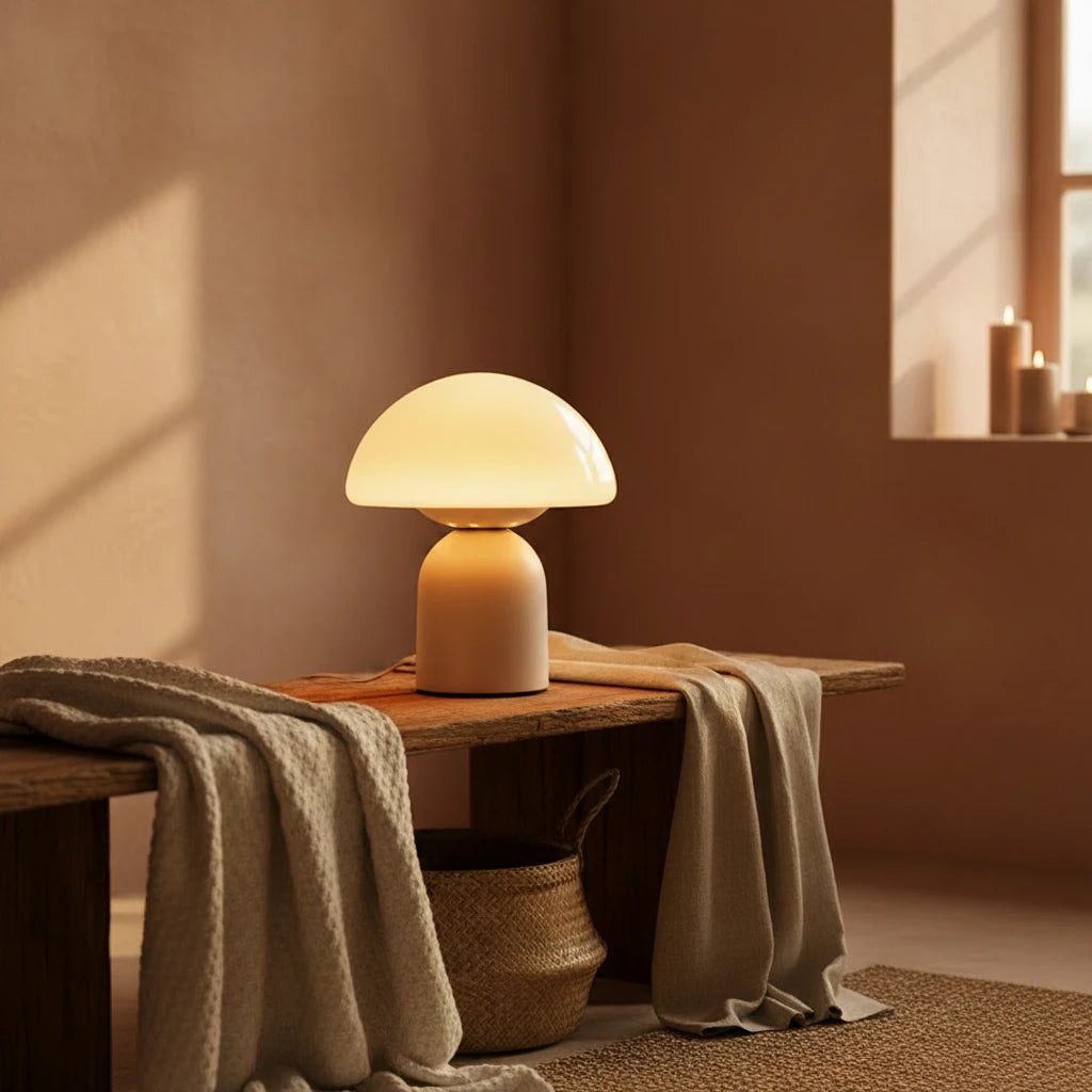 A mushroom-shaped table lamp with a glowing warm yellow shade and a matte beige base sits on a stone ledge in front of rustic stone walls and green double doors. A second lamp is partially visible in the background on the right.