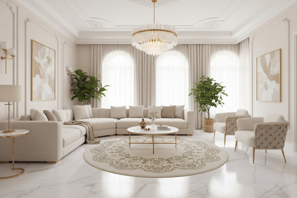 Round decorative rug with intricate patterns on a wooden floor in a living room setting.