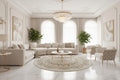 Round decorative rug with intricate patterns on a wooden floor in a living room setting.