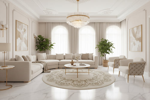 Round decorative rug with intricate patterns on a wooden floor in a living room setting.