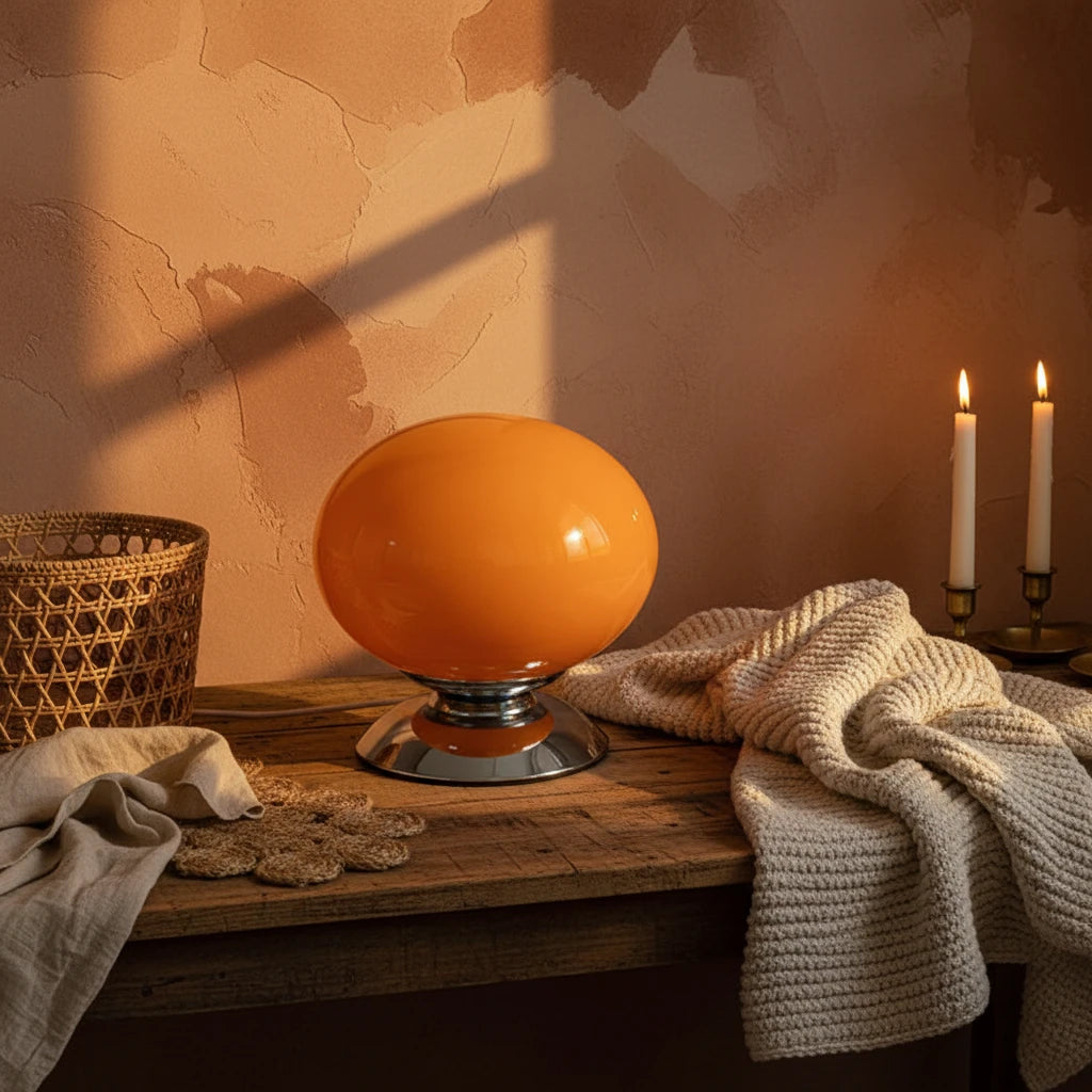 White Globe Shell Glass Table Lamp | Italian Retro Bedside Lamp for Bedroom & Entryway
