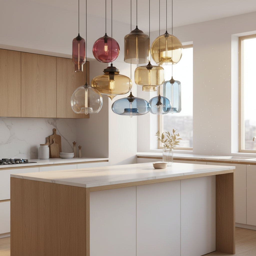 Colorful glass pendant lights on a gray background