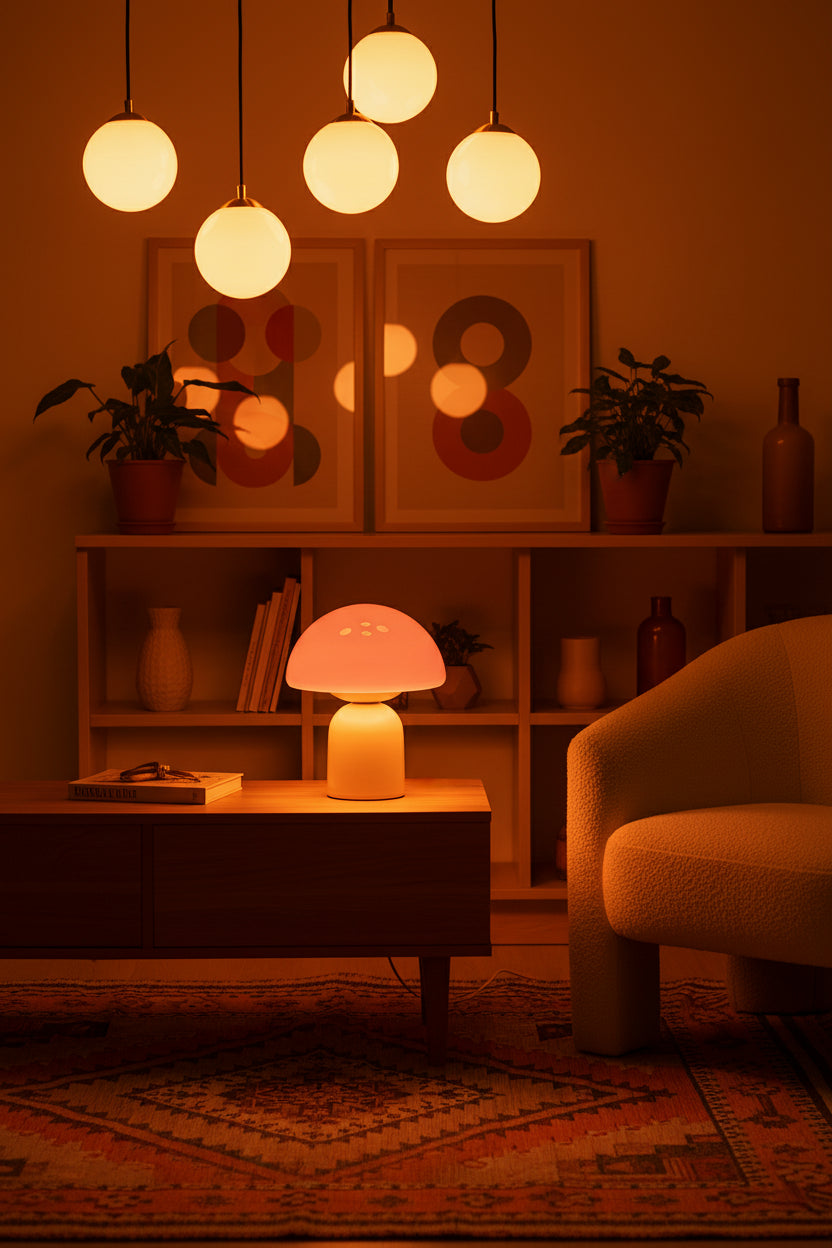 A mushroom-shaped table lamp with a glossy pink dome and a matte white base, styled on a light wood shelf in a bright, modern room.