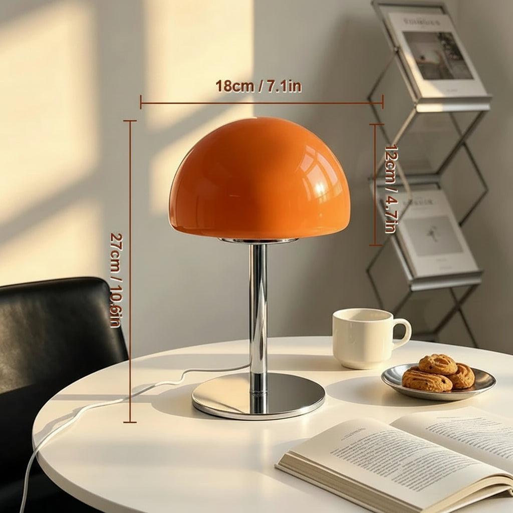 Orange table lamp on a white surface with dimensions displayed, Jleda Home Lighting brand visible.