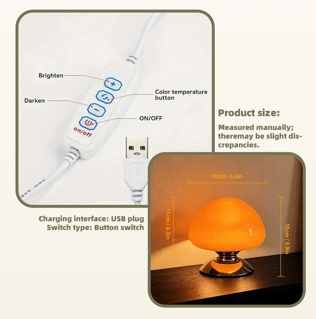 Mushroom Cove Glass Table Lamp – Dimmable Retro Bedside Light