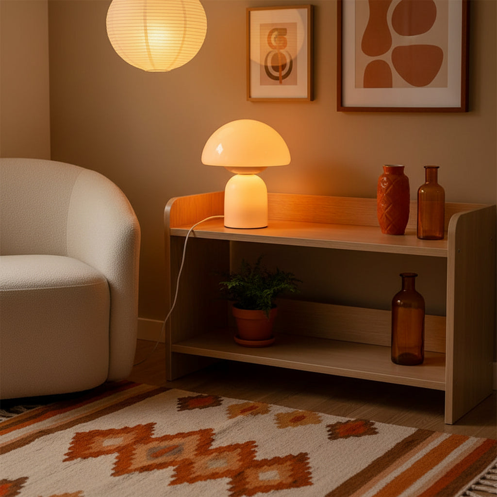 A white mushroom-shaped table lamp sits on a light wood shelf in a bright, modern room with framed wall art and window blinds visible.