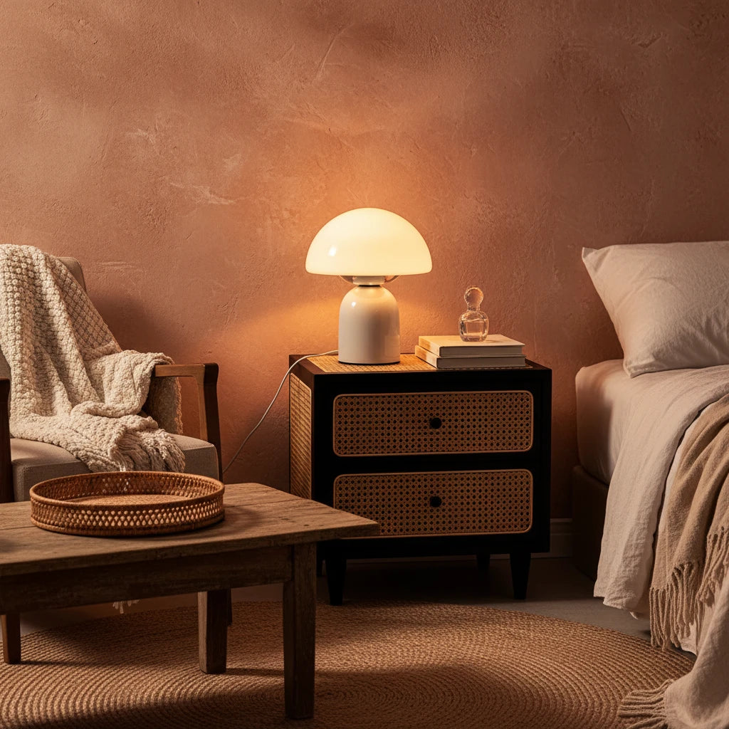A mushroom-shaped table lamp with a glowing warm white shade and a matte beige base, styled on a black rattan nightstand in a bedroom setting.