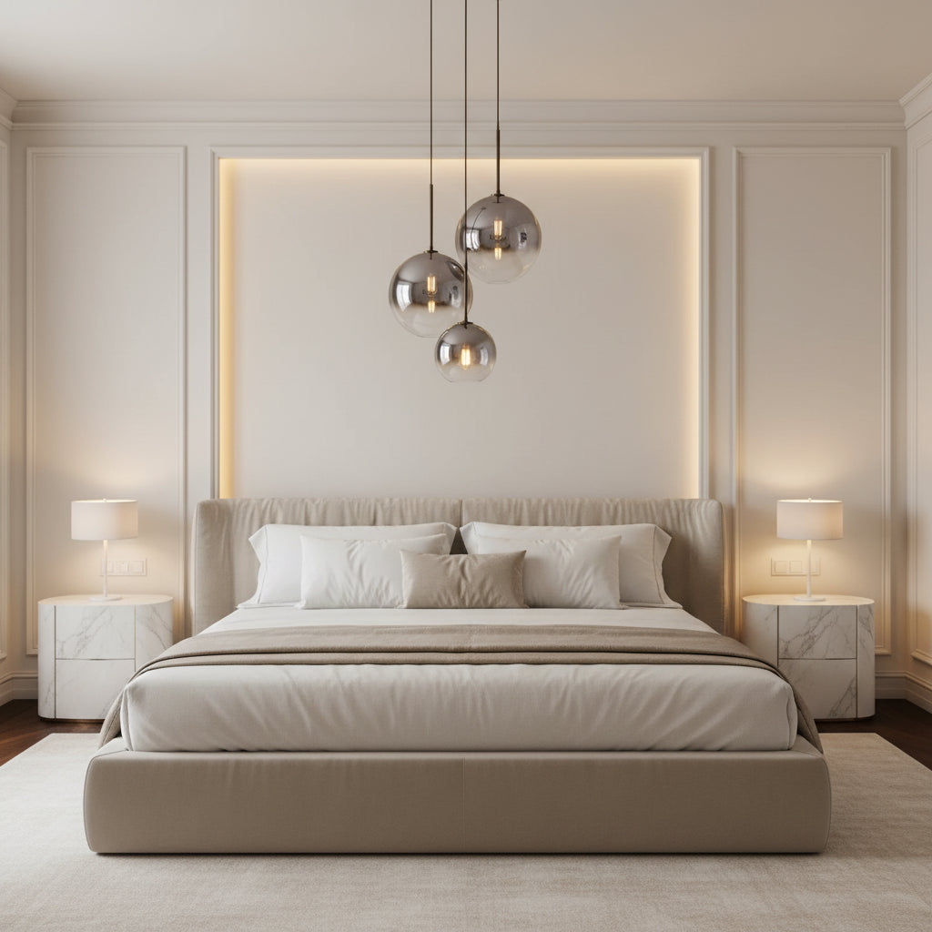 Modern pendant light with clear glass shades and black cords on a white background