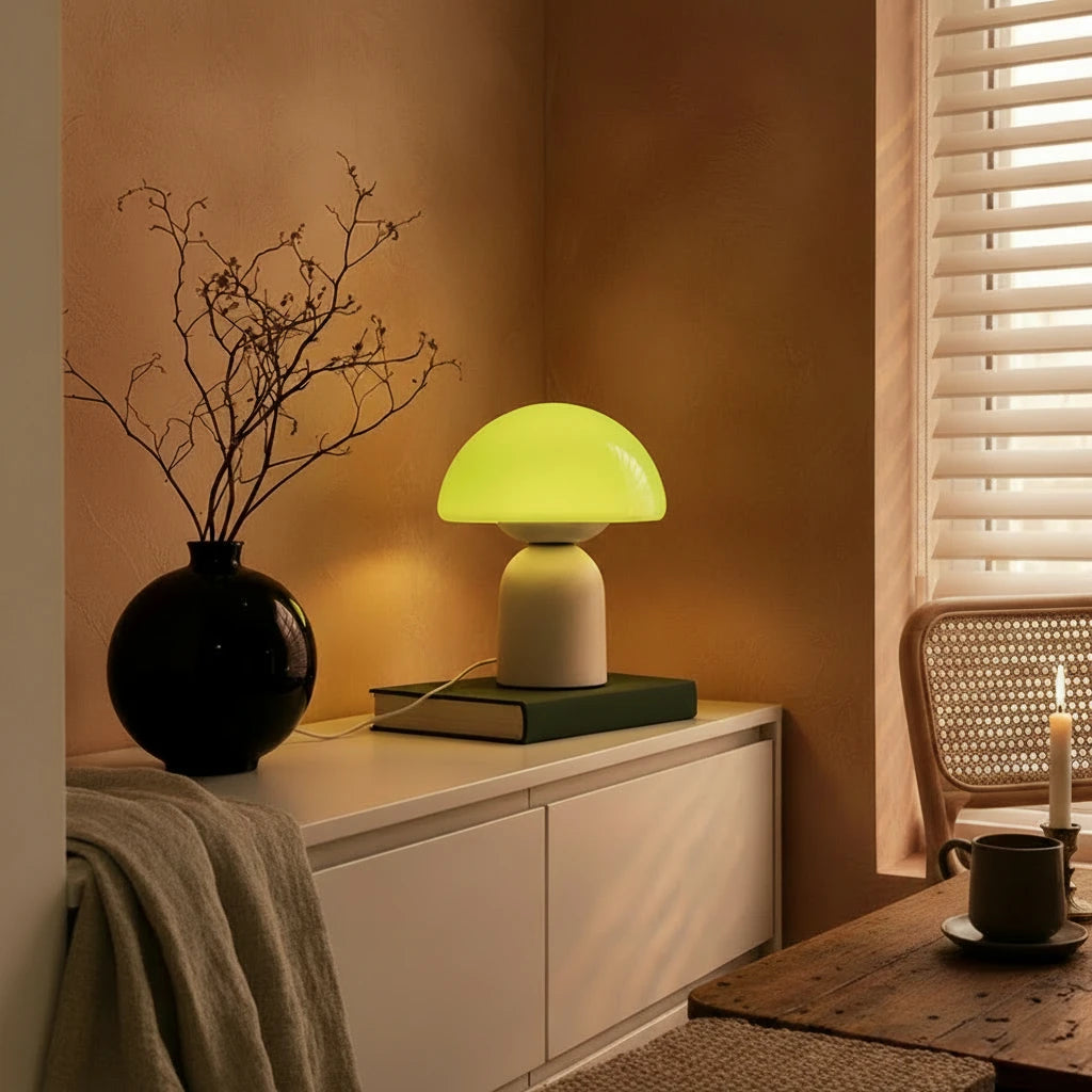A mushroom-shaped table lamp with a glowing pale yellow dome shade and a white cylindrical base, placed on a green book on a white dresser in a softly lit room. A black vase with dried branches stands beside it, and a window with white blinds is visible on the right.