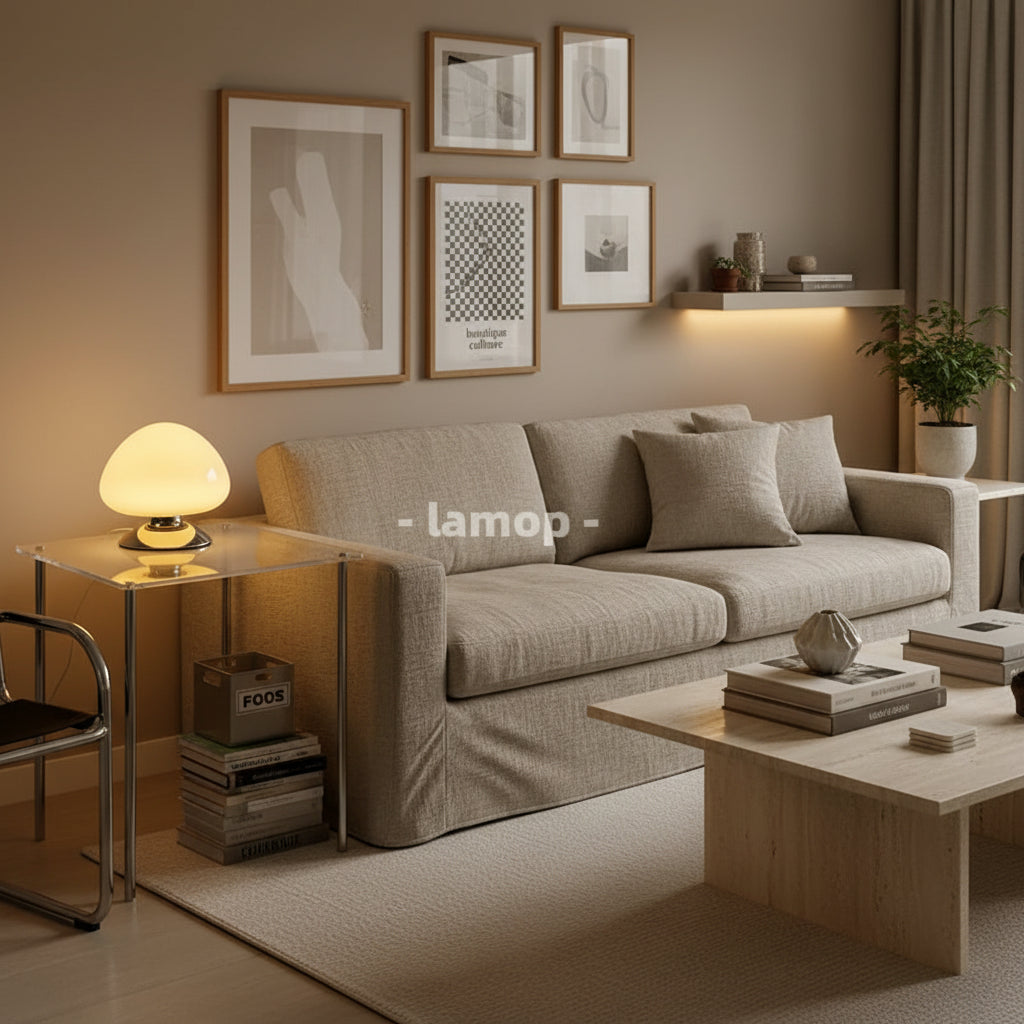 A glowing mushroom-shaped glass covette lamp on a transparent glass table in a styled room setting, with text overlays reading 'Glass Mushroom Cove Lamp', 'Usb Power Plug', and '3 Color Temperature'.