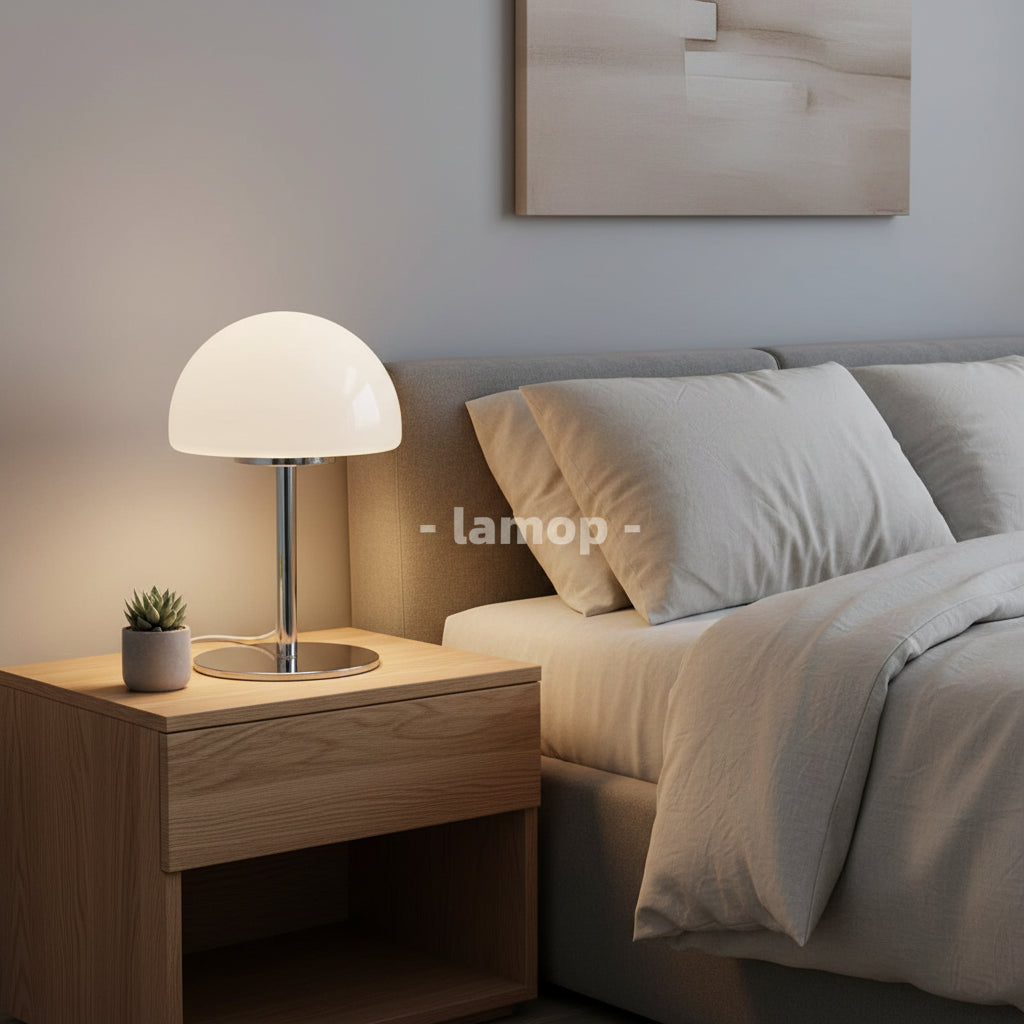 A modern table lamp with a glossy white dome shade and a polished chrome base, placed on a gray marble dining table. The lamp is shown in a styled dining room setting with chairs, plates, and a vase of white roses.