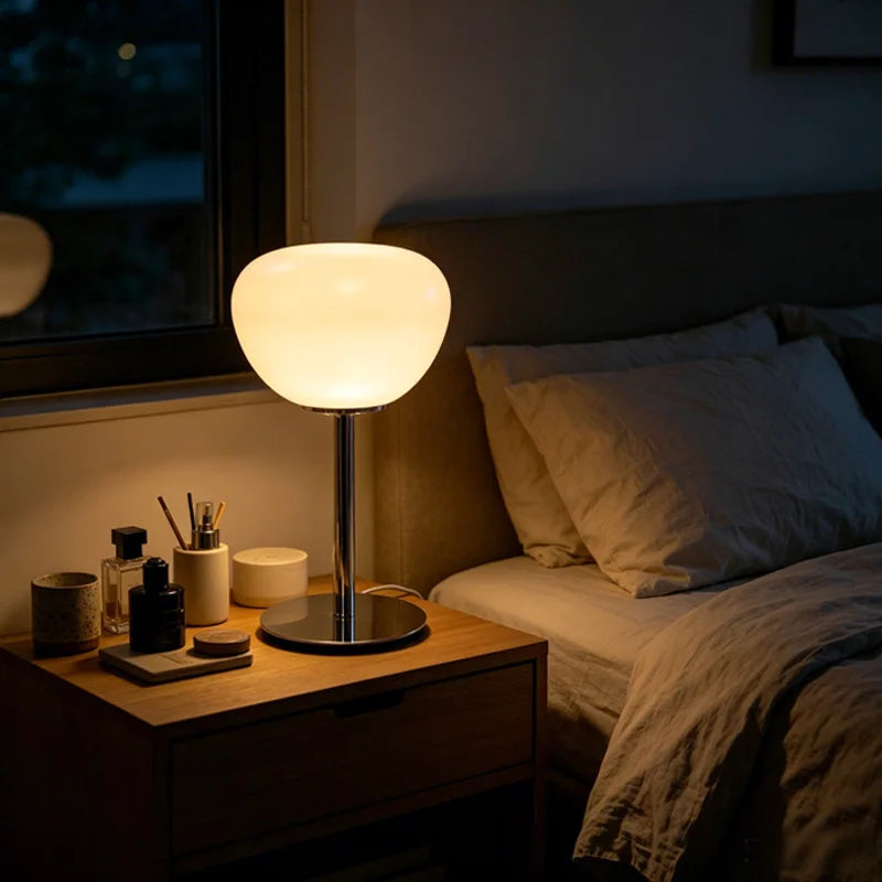 Rounded Glass Table Lamp with Chrome Base | Bedside Lamp for Bedroom & Home Office