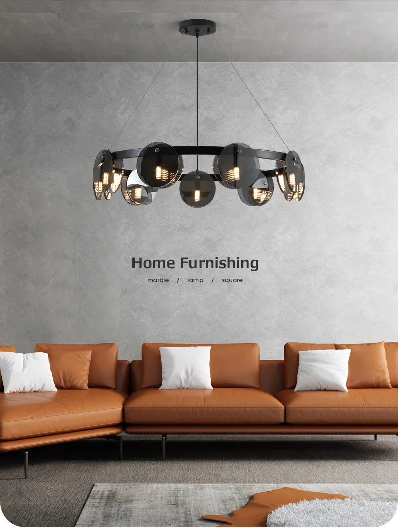 Nordic Glass Pendant Light | Smoke Grey & Gold | Dining Room & Living Room