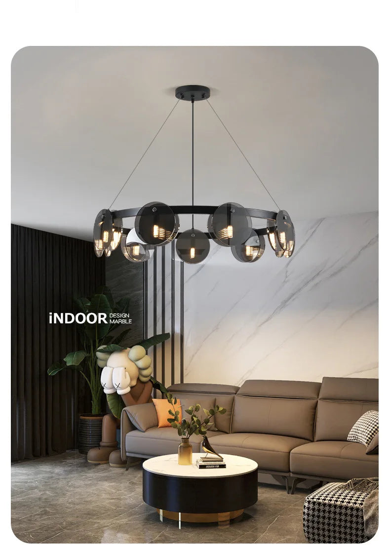 Nordic Glass Pendant Light | Smoke Grey & Gold | Dining Room & Living Room