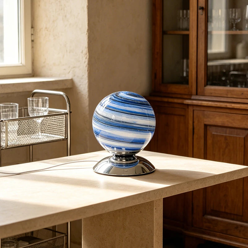 Streaked Orbit Sphere Glass Table Lamp | Italian Retro Bedside Lamp for Bedroom & Living Room