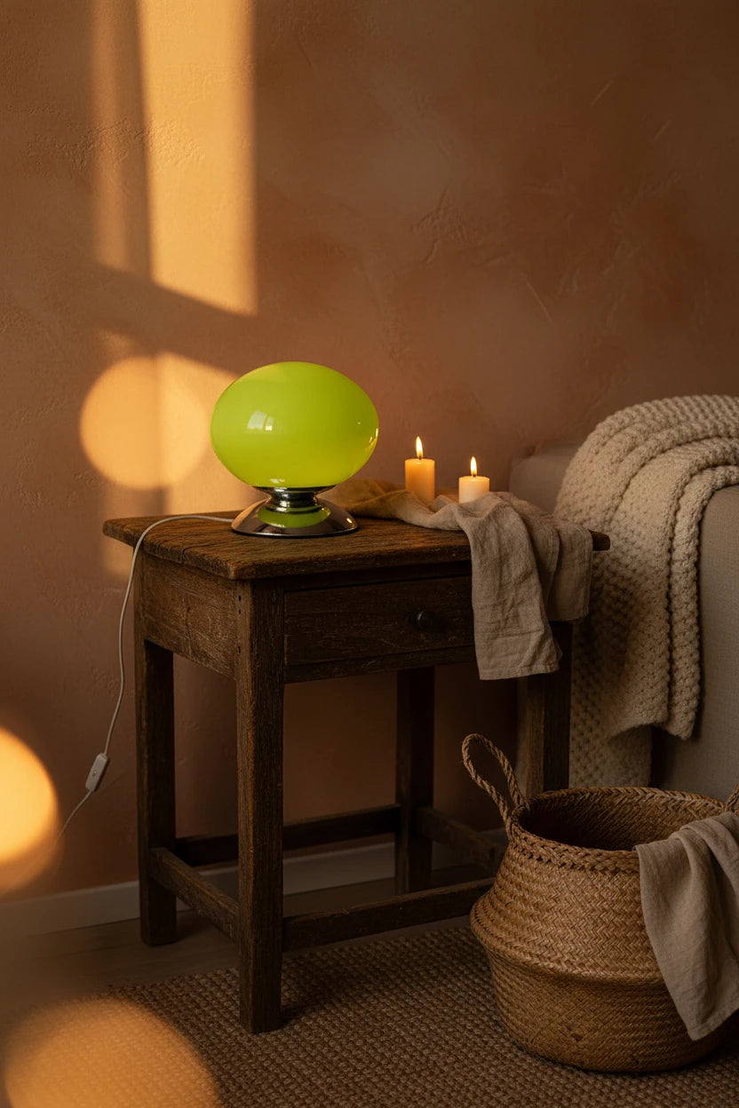 A glossy lime green oval table lamp with a chrome base sits on a light wood table next to a glass of water and a jar of coffee beans in a sunlit room. A 'Jieda Home Lighting' logo is visible in the top right corner.