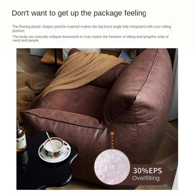 A brown reclining armchair with a knitted beige throw blanket draped over it, shown in a styled indoor setting with a small side table, cup, and bottle. Text at the top reads 'Don't want to get up the package feeling' with descriptive copy about the chair's design, and a circular inset highlights the plush, overfilled EPS material.