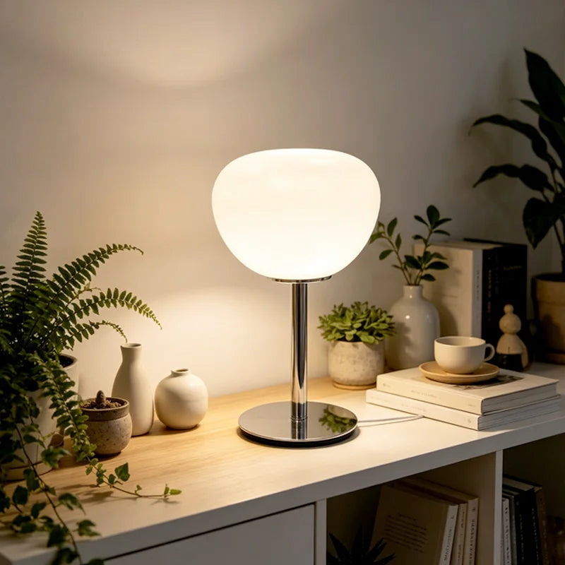 Rounded Glass Table Lamp with Chrome Base | Bedside Lamp for Bedroom & Home Office