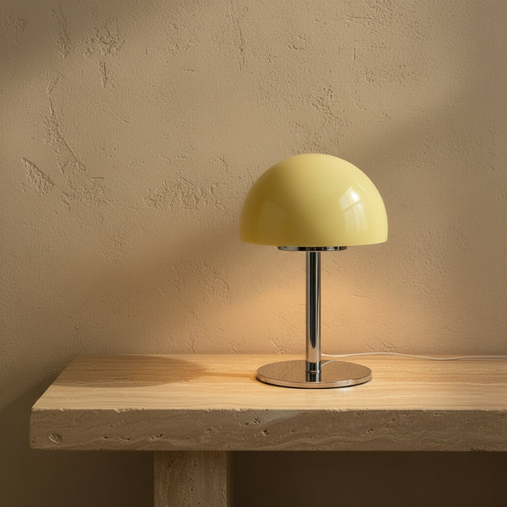 A pale yellow dome-shaped table lamp with a chrome base sits on a white side table in a bedroom setting next to a bed with a textured cream headboard. An open magazine and a small digital alarm clock are also on the table.