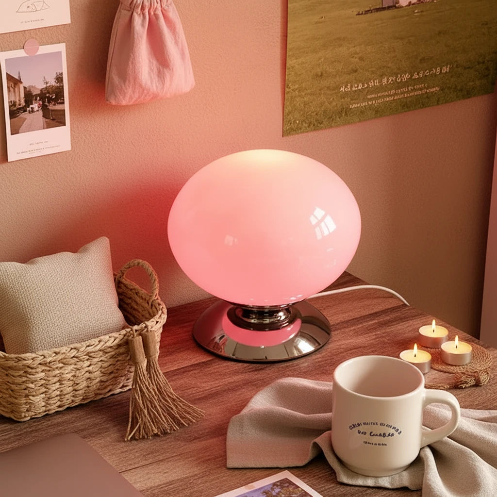 White Globe Shell Glass Table Lamp | Italian Retro Bedside Lamp for Bedroom & Entryway