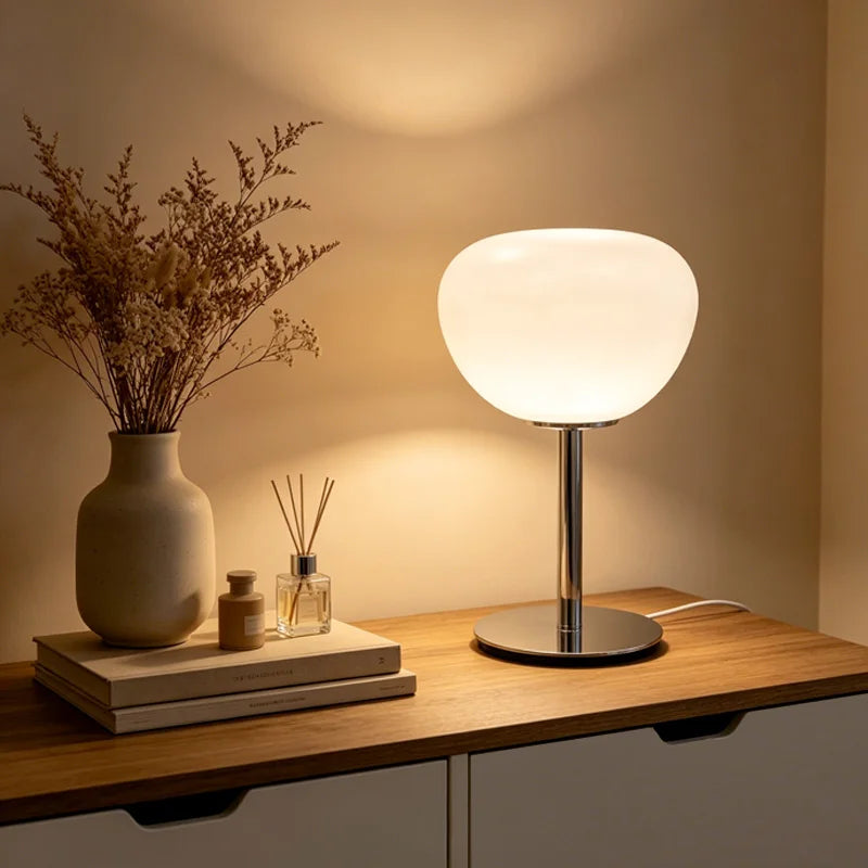 Rounded Glass Table Lamp with Chrome Base | Bedside Lamp for Bedroom & Home Office