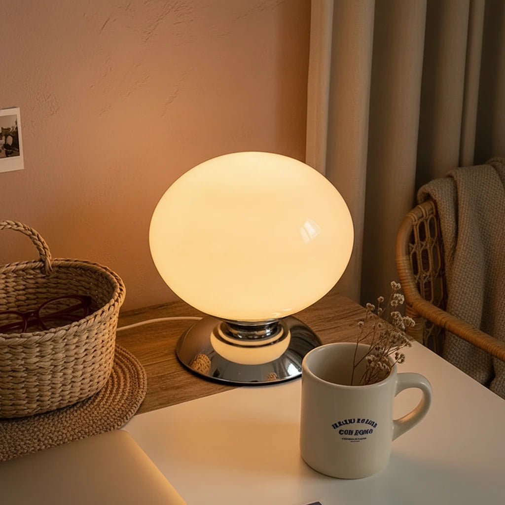 White Globe Shell Glass Table Lamp | Italian Retro Bedside Lamp for Bedroom & Entryway