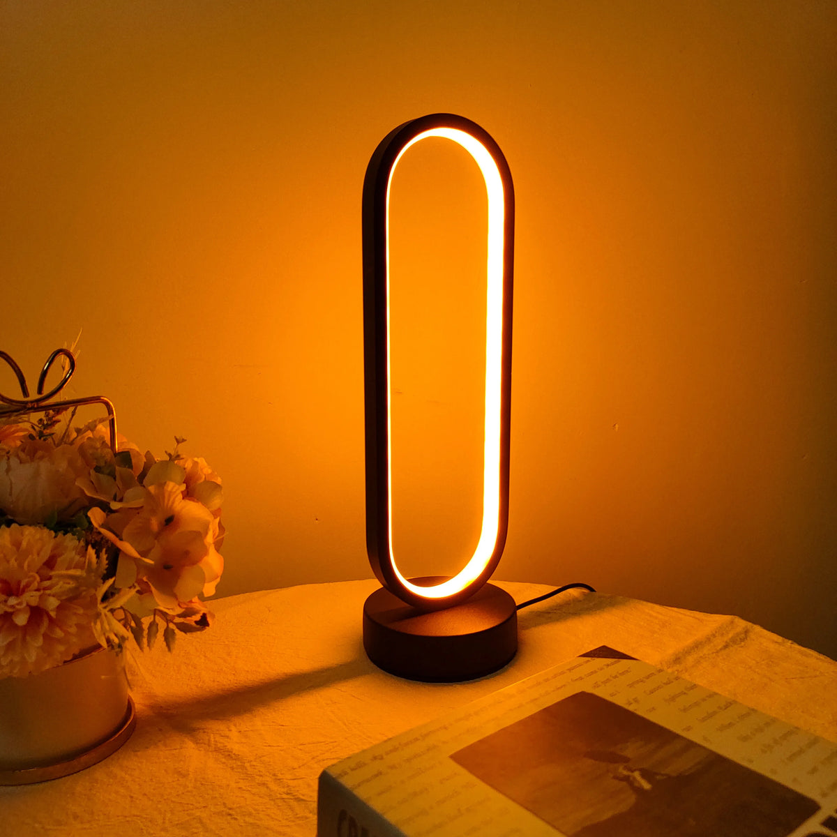 LED Oval Ring Bedside Lamp | Minimalist Warm Glow | Wood Base