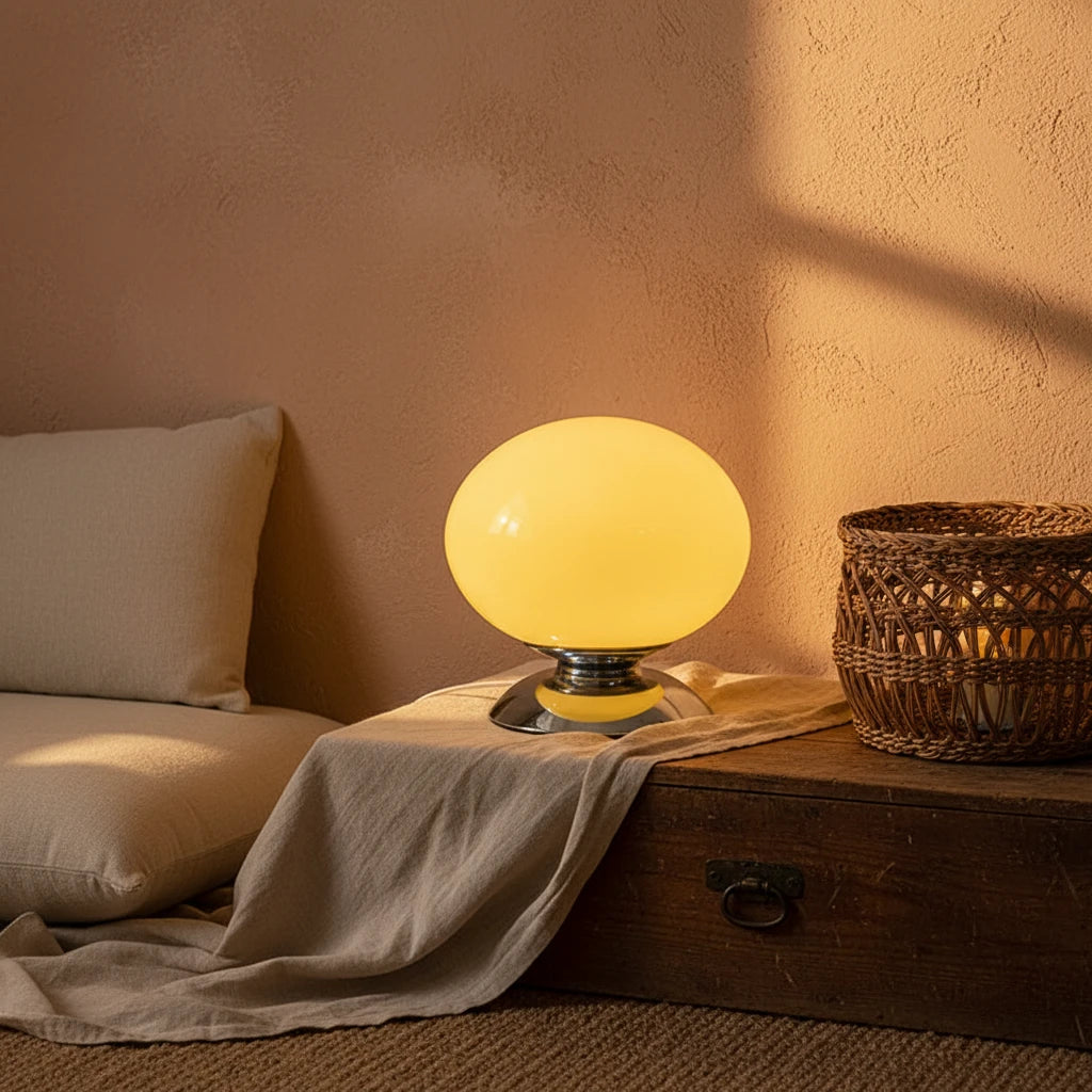 White Globe Shell Glass Table Lamp | Italian Retro Bedside Lamp for Bedroom & Entryway