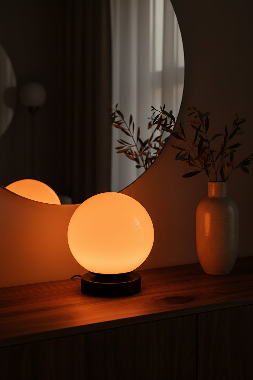 An orange spherical table lamp with a polished silver metal base, styled on a wooden desk next to a brown leather notebook.