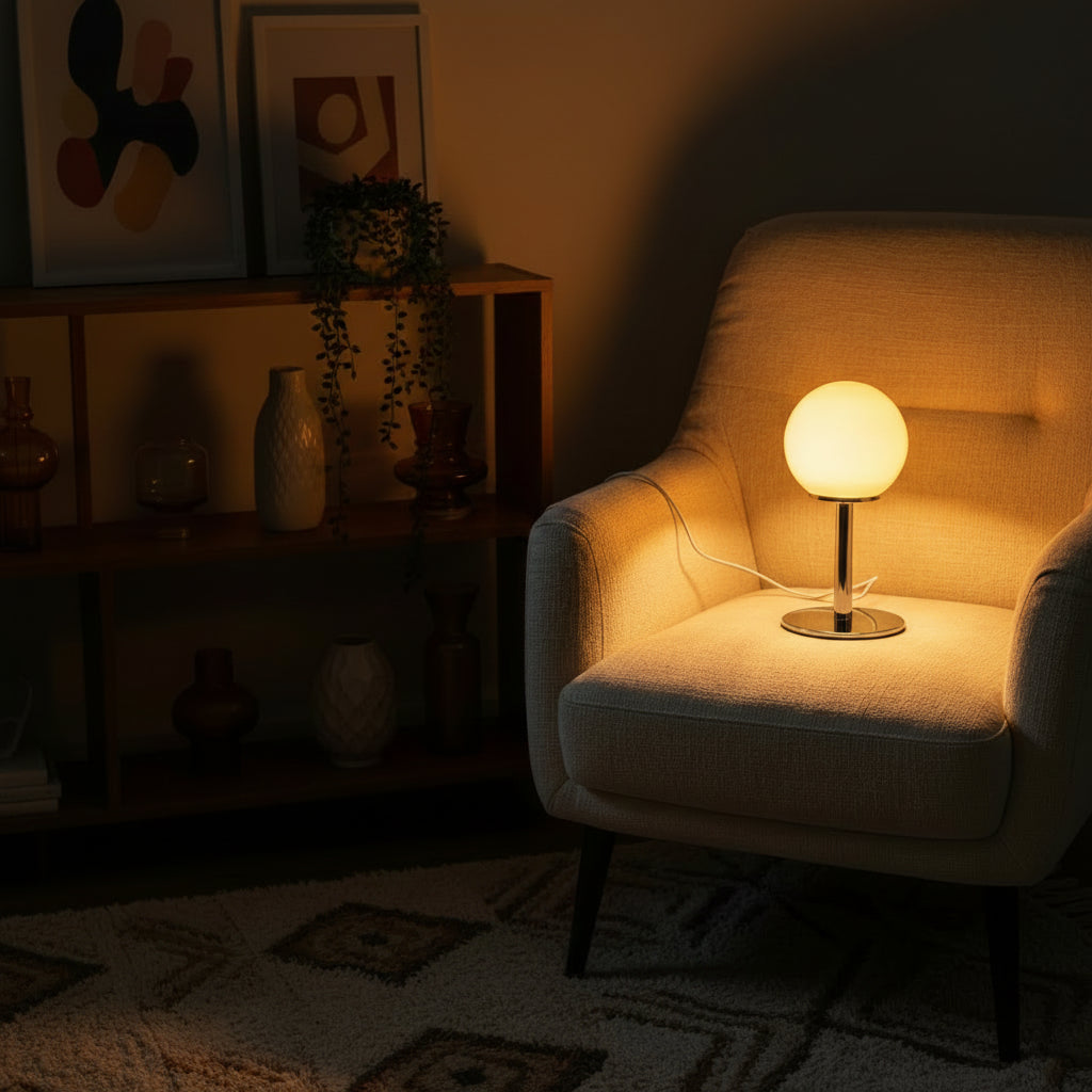 A modern table lamp with a glowing spherical shade and a polished metal base sits on the seat of a gray upholstered armchair in a dimly lit room. A circular logo for 'Jeda Home Lighting' is visible in the top right corner.