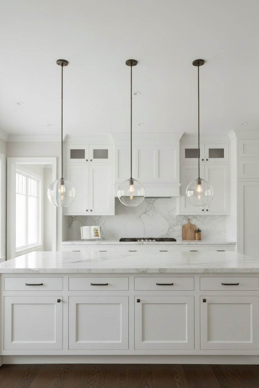 Clear glass pendant light with a visible bulb against a white wall.