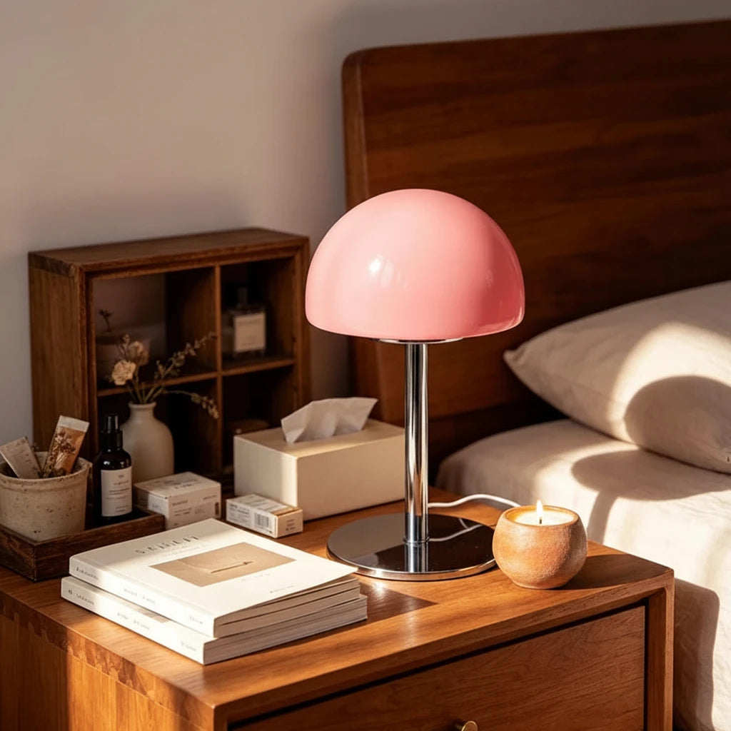 A pink dome-shaped table lamp with a chrome metal stem and round base sits on a wooden bedside table in a bedroom setting next to a bed with white bedding.