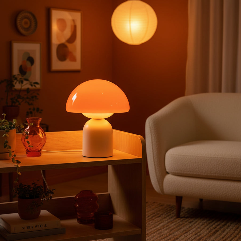 A mushroom-shaped table lamp with a glossy orange dome and a matte white cylindrical base, styled on a light wood shelf in a bright room.