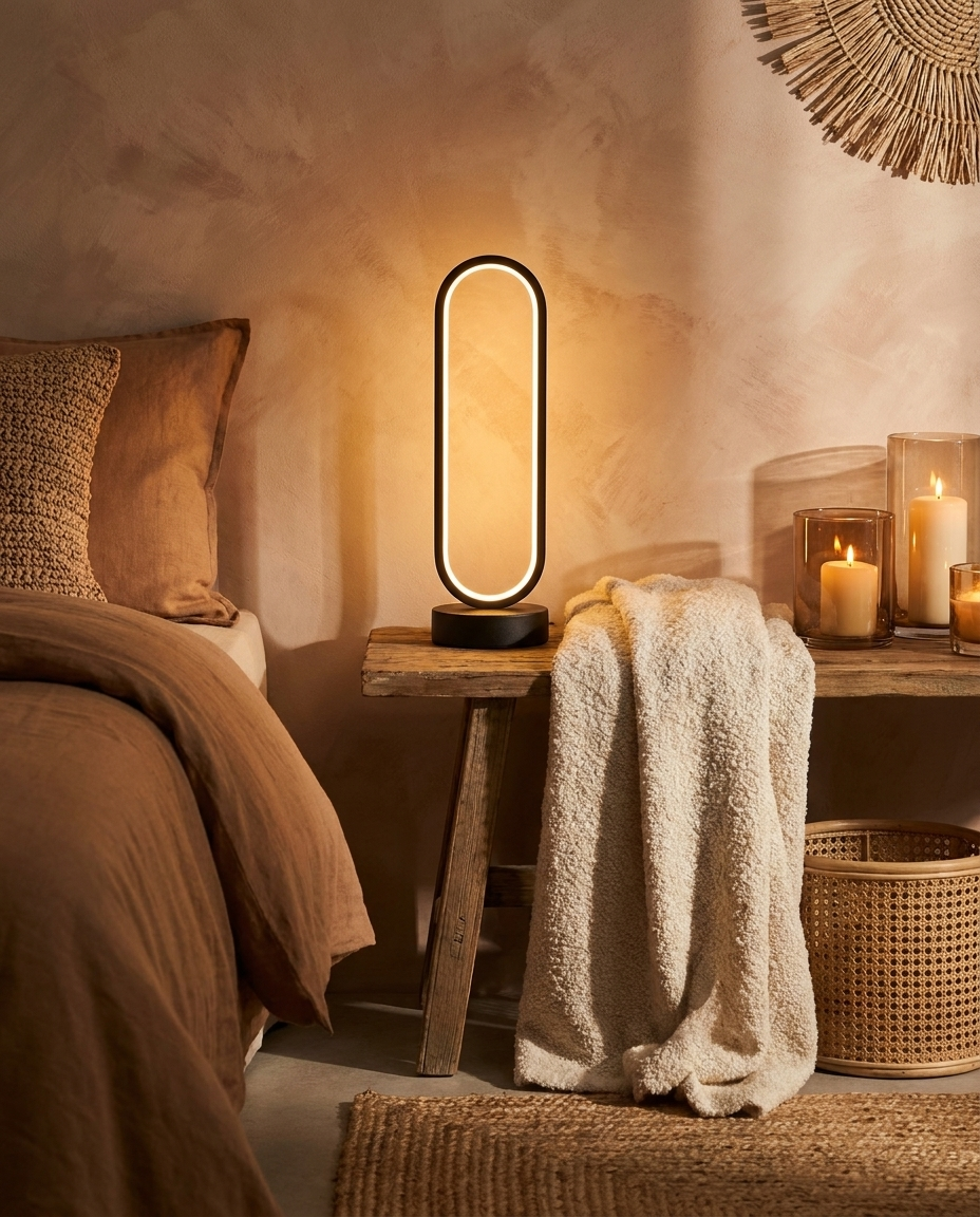 LED Oval Ring Bedside Lamp | Minimalist Warm Glow | Wood Base