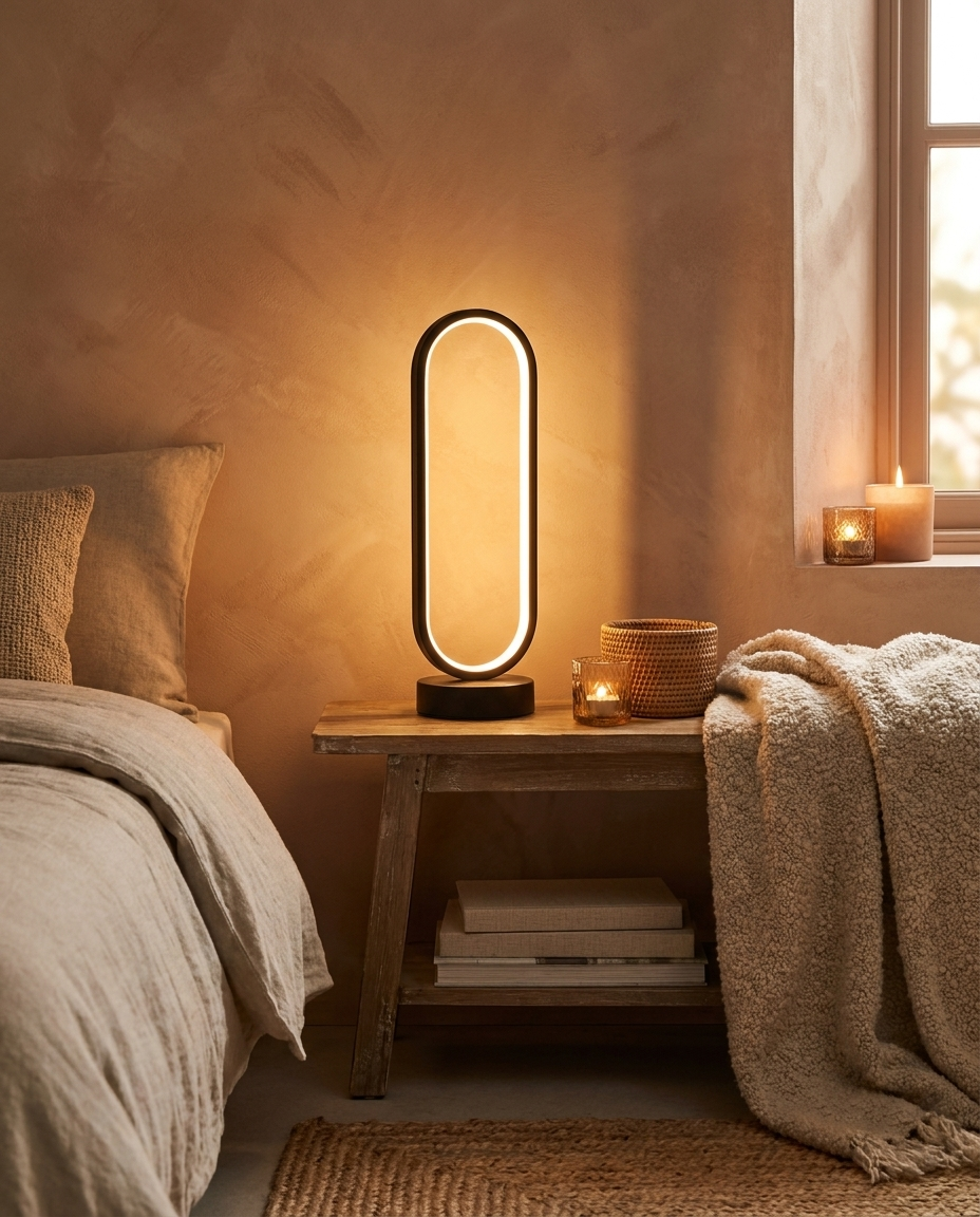 LED Oval Ring Bedside Lamp | Minimalist Warm Glow | Wood Base