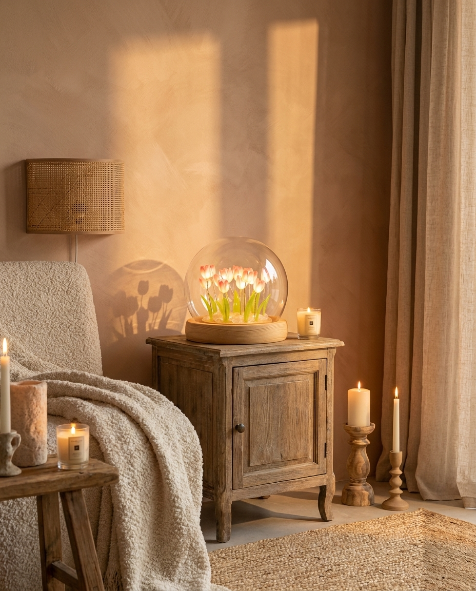Handmade Tulip Night Light | Wooden Base LED Floral Lamp for Bedroom & Nursery