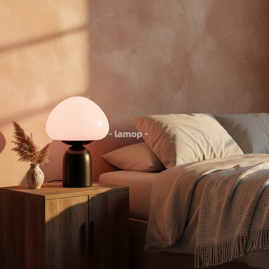 Murano Glass Dome Mushroom Table Lamp | Matte Black Bedside Lamp for Living Room & Bedroom
