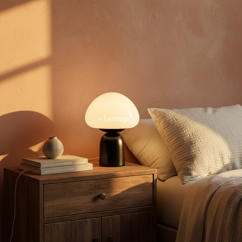 Murano Glass Dome Mushroom Table Lamp | Matte Black Bedside Lamp for Living Room & Bedroom